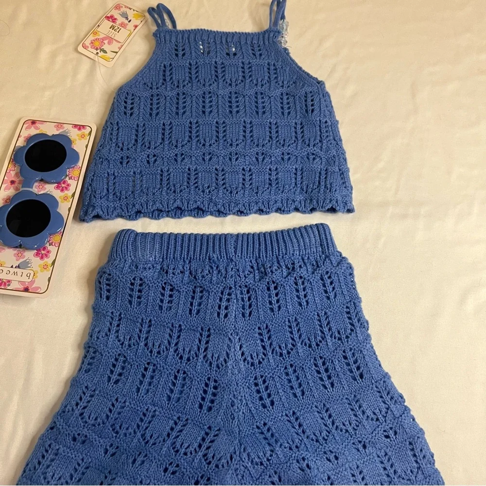 NWT Btween Baby Girls 2PC Crochet Set Blue Shorts & Camisole Top 12M Sunglasses